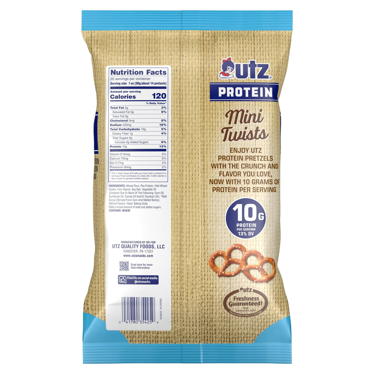 Utz Protein Sea Salt Mini Twists Pretzels, 20 oz.