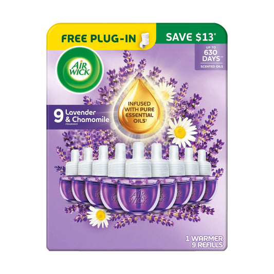 Air Wick Plug In Scented Oil Air Freshener, Lavender & Chamomile, 1 Free Warmer + 9 Refills