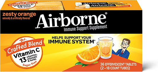 Airborne 1000mg Vitamin C with Zinc Effervescent Tablets, Immune Support Supplement with Powerful Antioxidants Vitamins A C & E - 36 Fizzy Drink Tablets, Zesty Orange Flavor