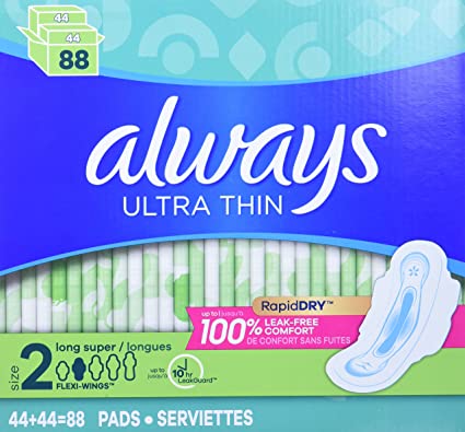 Always Ultra Thin Feminine Pads with Wings, Long/Super, Unscented, 88 Count