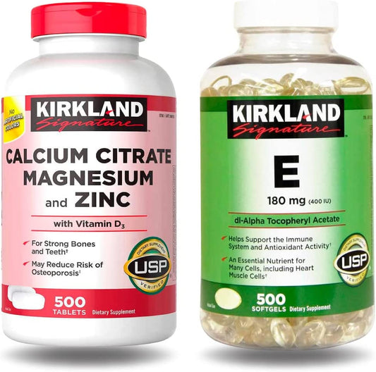 Kirkland Signature – Calcium Citrate, Magnesium, and Zinc 500 Tablets AND Vitamin E 400IU 500 Softgels, BUNDLE (2 Bottles)