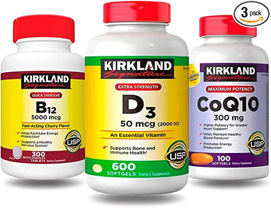 Kirkland Signature – CoQ10 300mg Maximum Potency 100 Softgels + Vitamin D3 2000 IU, 600 Softgels + Vitamin B12 5000 mcg Fast-Acting, Cherry Flavor, 300 Tablets