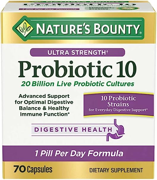 Nature's Bounty Ultra Strength Probiotic 10, Support for Digestive, Immune and Upper Respiratory Health, 70 Capsules