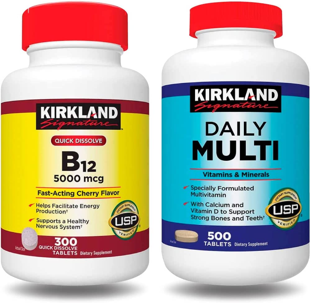 Kirkland Signature – Daily Multi 500 Tablets AND Vitamin B12 5000mcg Fast-Acting, Cherry Flavor 300 Tablets, BUNDLE (2 Bottles)