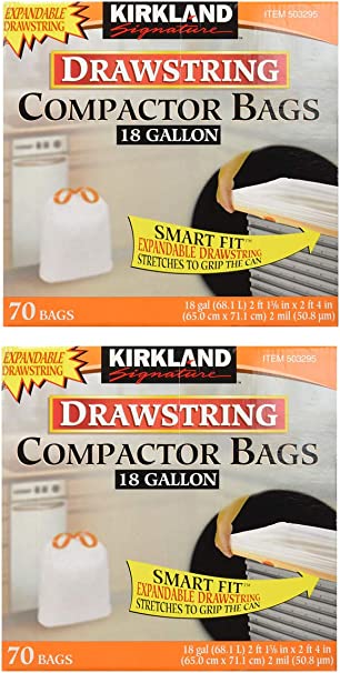 Kirkland Signature gbfVA Compactor Bags, 18 Gallon, Smart Fit Gripping Drawstring, 2 Pack