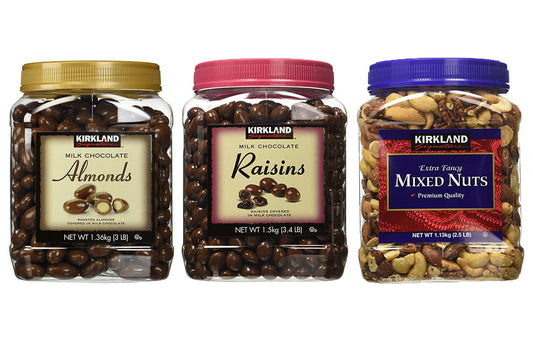 Kirkland Signature Milk Chocolate Roasted Almonds, Raisin and Mixed Nuts BUNDLE - Includes Milk Chocolate Roasted Almonds (3.0 LB ), Milk Chocolate Raisin (3.4 LB) and Fancy Mixed Nuts (2.5 LB)