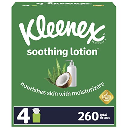 Kleenex Soothing Lotion Facial Tissues with Coconut Oil, Aloe & Vitamin E, 4 Cube Boxes, 65 Tissues Per Box