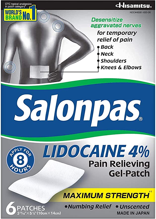 Salonpas LIDOCAINE Pain Relieving Maximum Strength Gel Patches Value 6-Pack