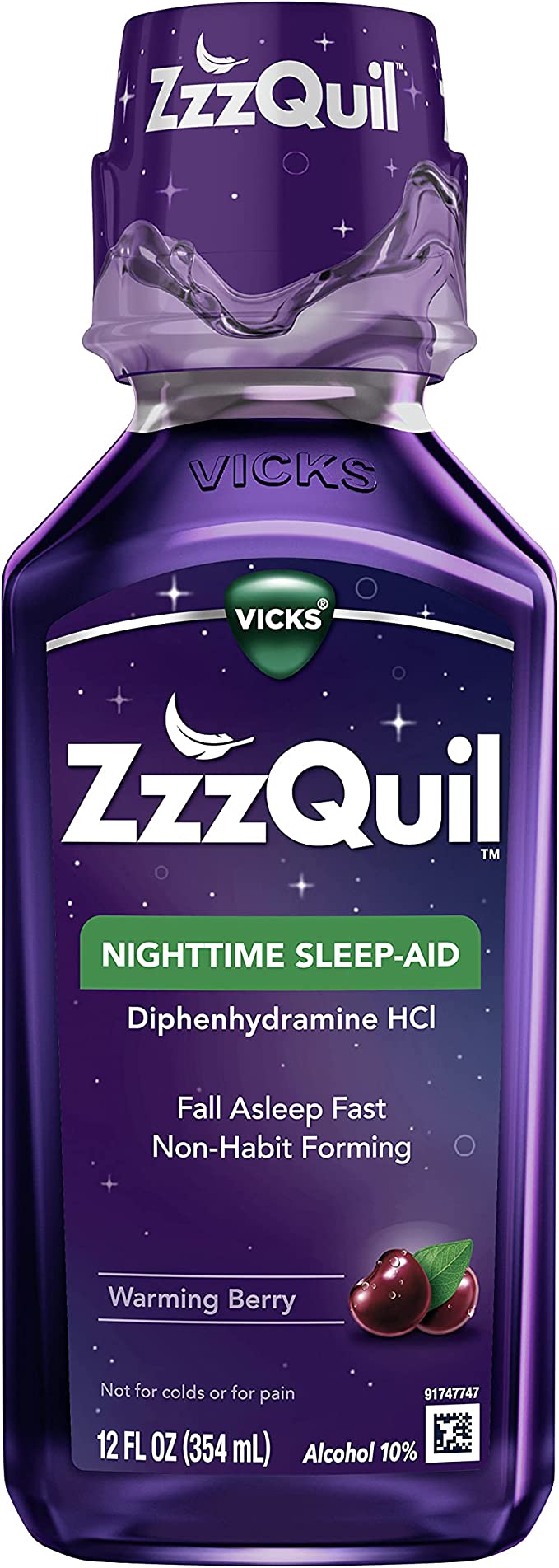 Vicks ZzzQuil, Nighttime Sleep Aid Liquid, 50 mg Diphenhydramine HCl, No.1 Sleep-Aid Brand, Warming Berry Flavor, Non-Habit Forming, 12 FL OZ