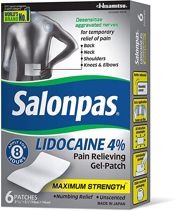 Salonpas LIDOCAINE Pain Relieving Maximum Strength Gel Patches Value 6-Pack