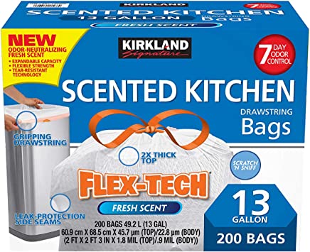 Kirkland Signature Flex-Tech 13-Gallon Scented Kitchen Trash Bags, 200-count