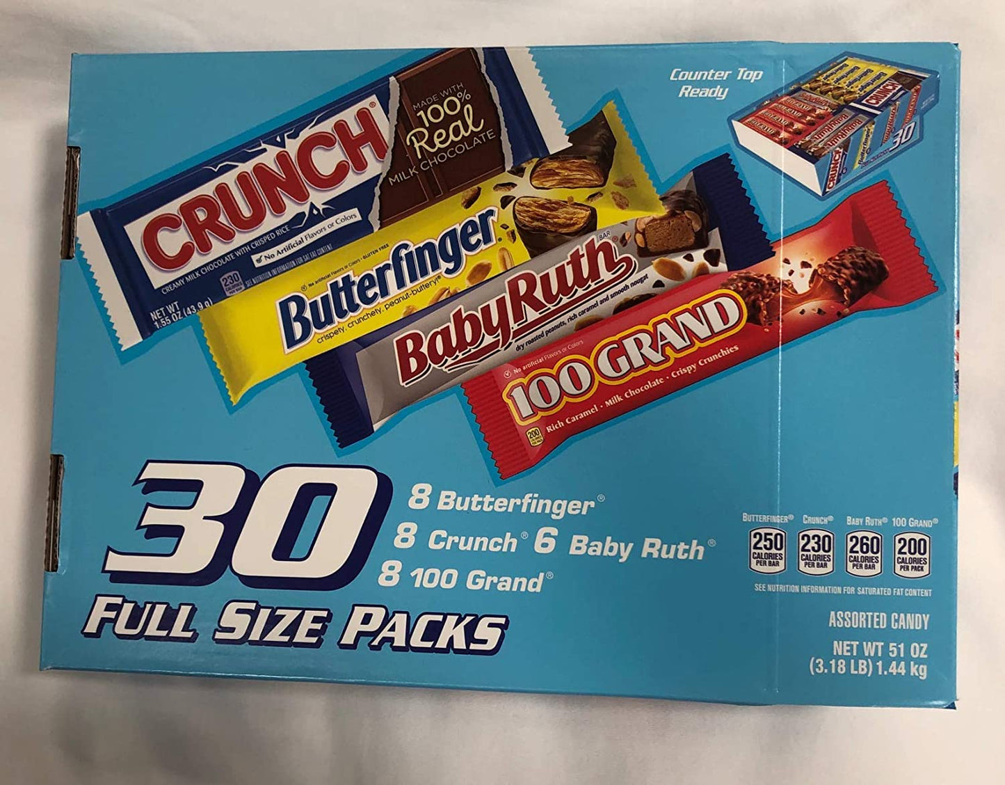 Ferrero Variety Pack 30 Candy Bars (8 Butterfinger, 8 Crunch, 8 100 Grand, 6 BabyRuth)