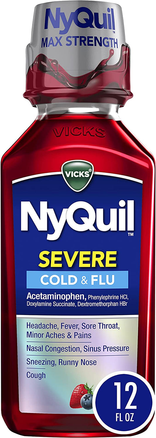 Vicks NyQuil SEVERE Cough, Cold and Flu, Berry Flavor, 12 Fl oz - Nighttime Relief