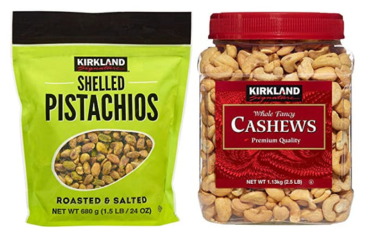 Kirkland Signature Shelled Pistachios and Cashews Bundle - Includes Kirkland Signature Shelled Pistachios (1.5 LB) and Whole Fancy Cashews