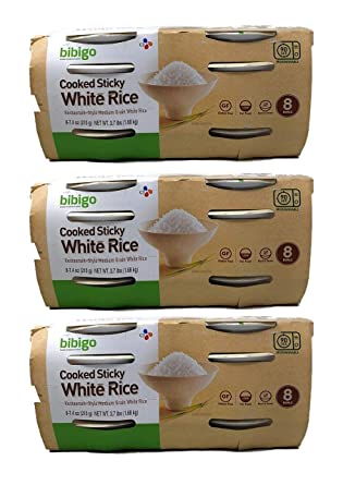 Bulk Rice Bibigo Restaurant Style Gluten Free Cooked Sticky White Pack of 3 Boxes - 8 Bowls Per Box 24 Total Over