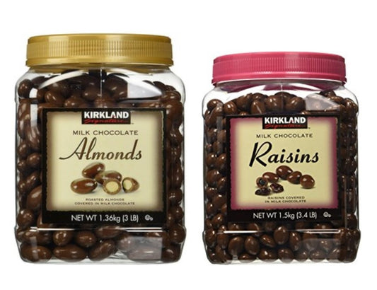 Kirkland Signature Chocolate Roasted Almonds & Chocolate Raisin BUNDLE - Includes Kirkland Signature Milk Chocolate Roasted Almonds (3.0 LB) & Milk Chocolate Raisin (3.4 LB)