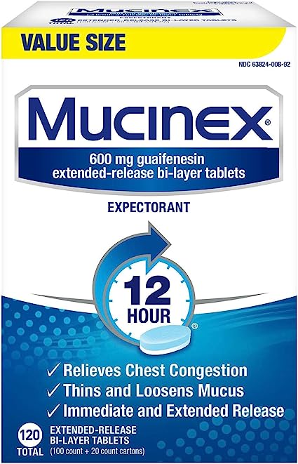 Mucinex 12 Hour Maximum Strength Chest Congestion Expectorant Tablets, 600mg Guaifenesin with Extended Relief, Pack of 1, 120 Count