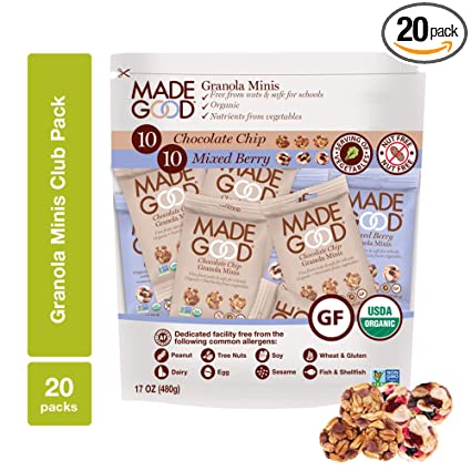 MadeGood Granola Minis Club Pack (20 ct, 0.85 oz. each); 10 Bags Chocolate Chip and 10 Bags Mixed Berry Granola Minis; Vegan, Gluten-Free, Allergy-Friendly, Organic