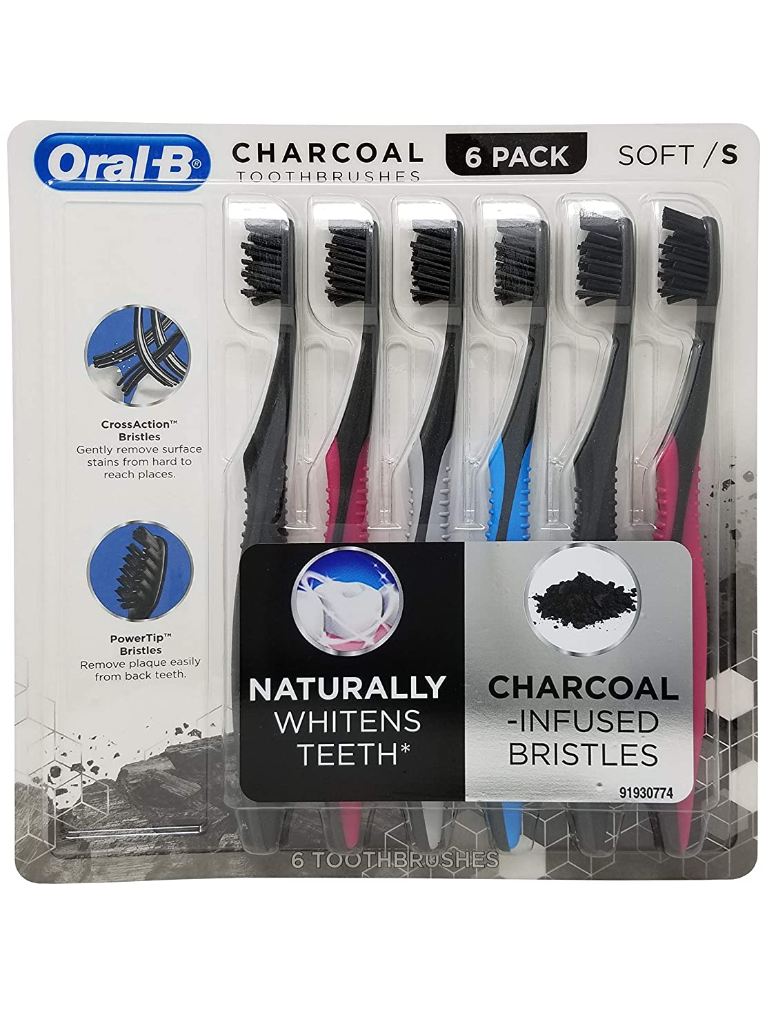 Oral-B Toothbrush Charcoal Infused CrossAction Bristles remove Plaque Stain Naturally Whitens Teeth (6 Pack) (Soft)