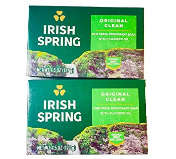 Irish Spring Original Clean 12HR Fresh Deodorant Soap with Flaxseed Oil 4.5 OZ Large Bar (2 Pack)