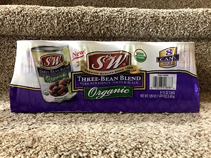 S & W Three Bean Blend Dark Red Kidney, Pinto & Black Organic Beans 8 - 15 oz Cans