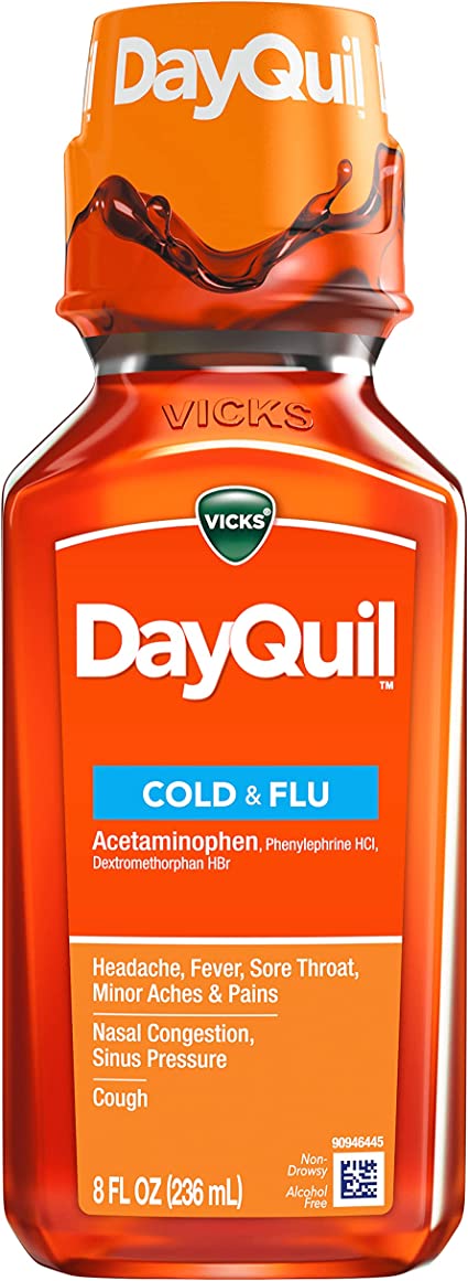 Vicks DayQuil Cough, Cold, & Flu Multi-Symptom Relief, 8 Fl Oz (Non-Drowsy) - Sore Throat, Fever, and Congestion Relief