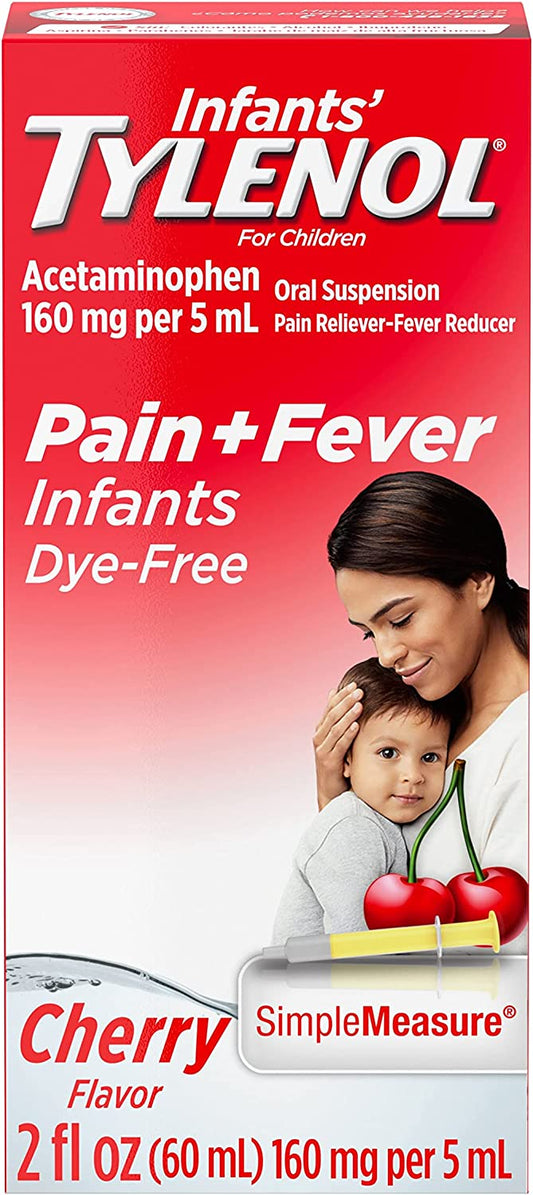 Infants' Tylenol Liquid Medicine with Acetaminophen, Pain Plus Fever Relief, Dye-Free Cherry, 2 fl oz