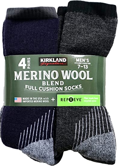 Kirkland Signature Men's Merino Wool Blend Socks, 7-13 Shoe Size, 4 Pairs