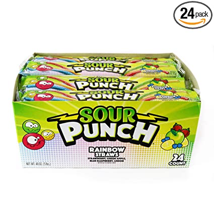 Sour Punch Straws, Rainbow Fruit Flavors, Chewy Sweet & Sour Candy, 2oz Tray (24 Pack)